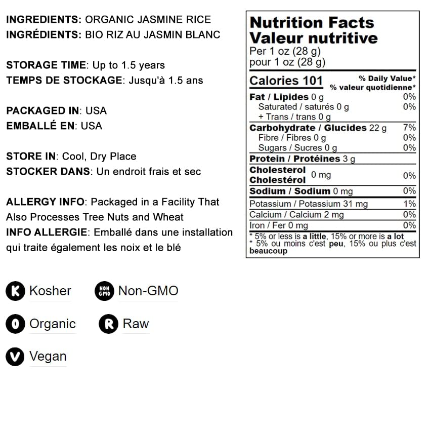 Organic White Jasmine Rice, 8 Ounces - Non-Gmo, Long-Grain Rice Variety, Raw, Vegan, Kosher, Bulk