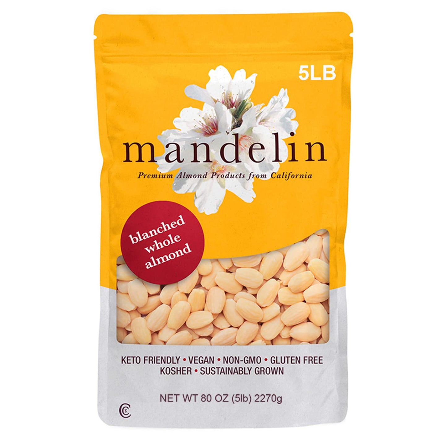 Mandelin Blanched Whole Almonds, 100% Almonds (5 Lb / 80Oz), Non-Gmo, Gluten Free, Vegan, Keto, Plant Based Diet Friendly, Kosher For Passover, Every Batch Tested For Quality