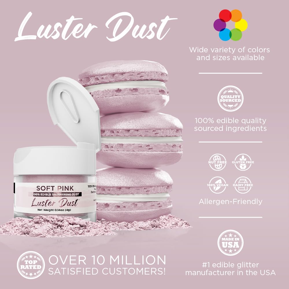 Luster Dust - Soft Pink (4G 1X Jar) | Edible Vegan Dust & Paint For Cake Decorating, Ice Cream, Desserts, Cocktails And Beverage