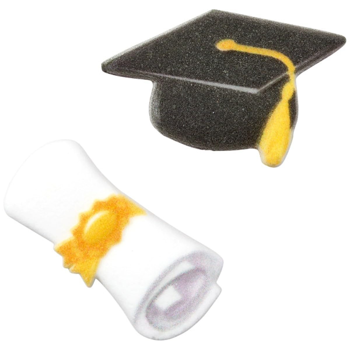 NCS Graduation Cap and Scroll Edible Sugar Cake Toppers, 12 Count, Black/White/Gold, 1.55 x 0.95 inches, Sugar Material