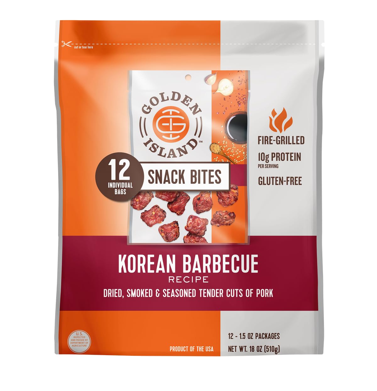 Korean Barbecue Pork Snack Bites - 1.5 Oz Bags  12 Count - Tender Glazed Pork Jerky - Gluten Free  High Protein Snack