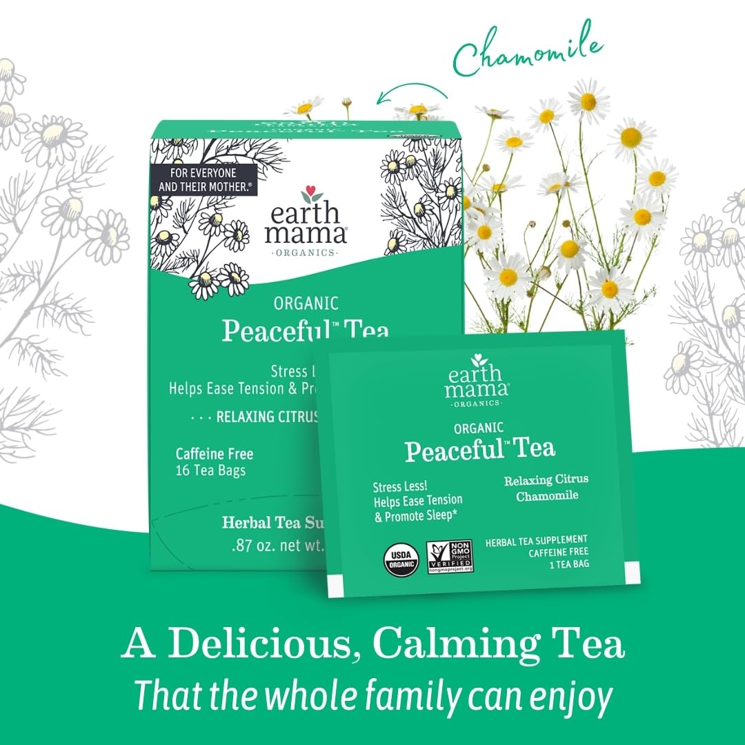 Earth Mama Organic Peaceful Tea - Calming Herbal Blend, 16 Count (Pack of 6)