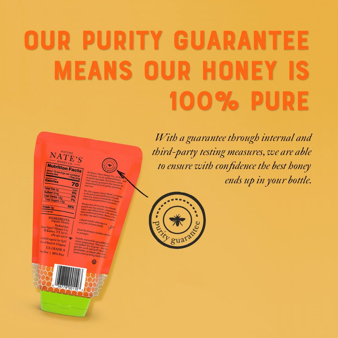 Nature Nate s 100% Pure USDA Organic Raw & Unfiltered Honey, Two 14 oz. No-Drip Sustainable Squeeze Pouches; Purity Guarantee,
