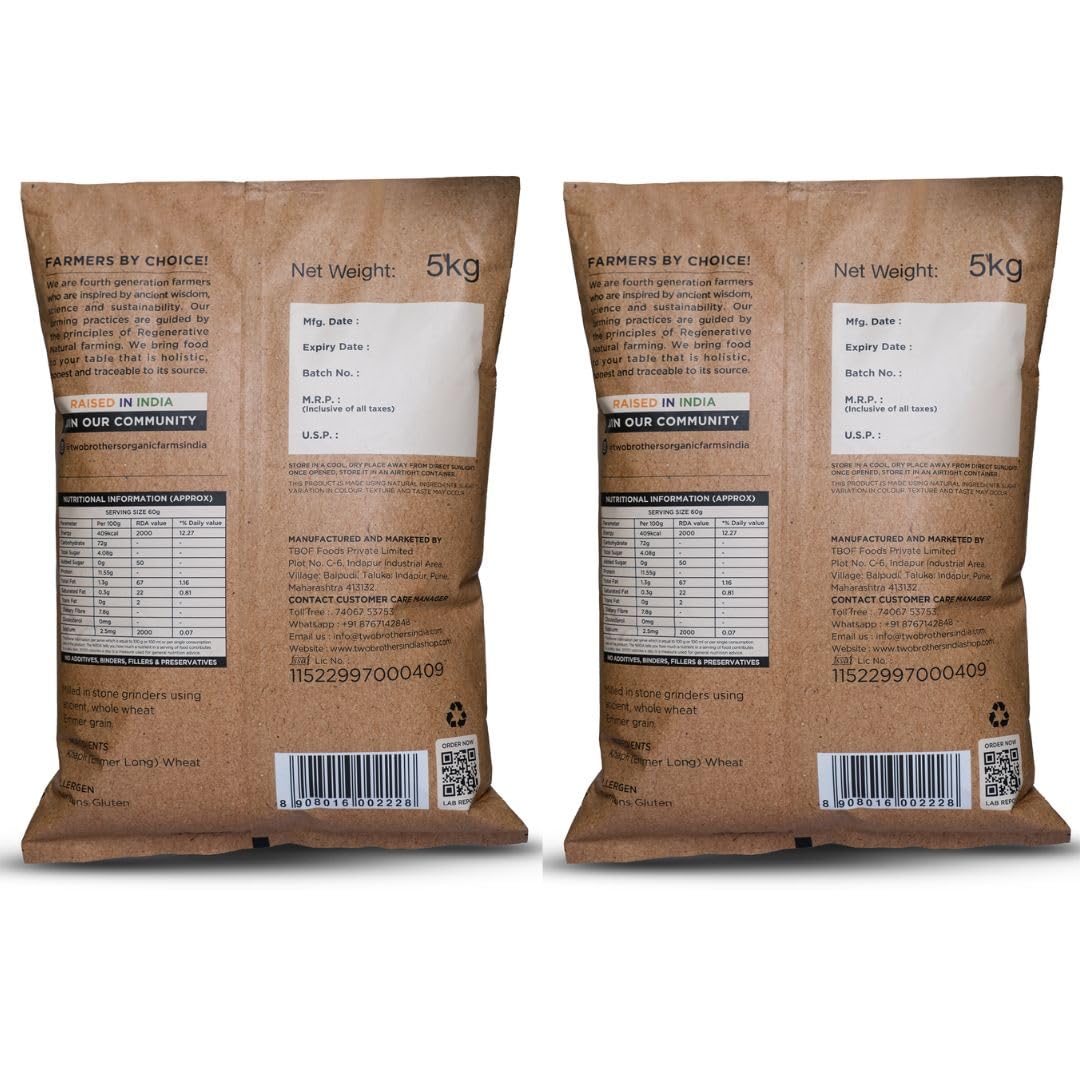 Two Brothers Organic Farms - Khapli Wheat Flour (10Kg) | Wheat Flour | High Dietary Fiber For Easy Digestion | Stoneground Emmer