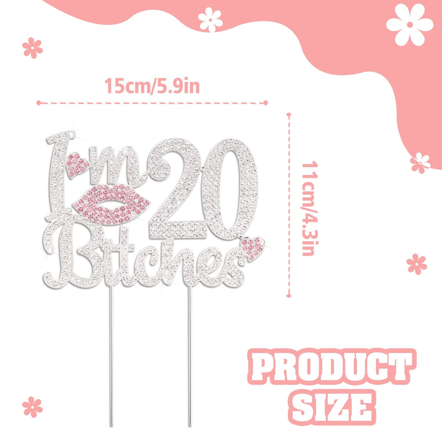 Laskyer I'M 20Th Funny Birthday Pink Rhinestone Cake Topper - Happy 20Th Birthday Cheers To 20 Years Old Twenty Bday Party Metal