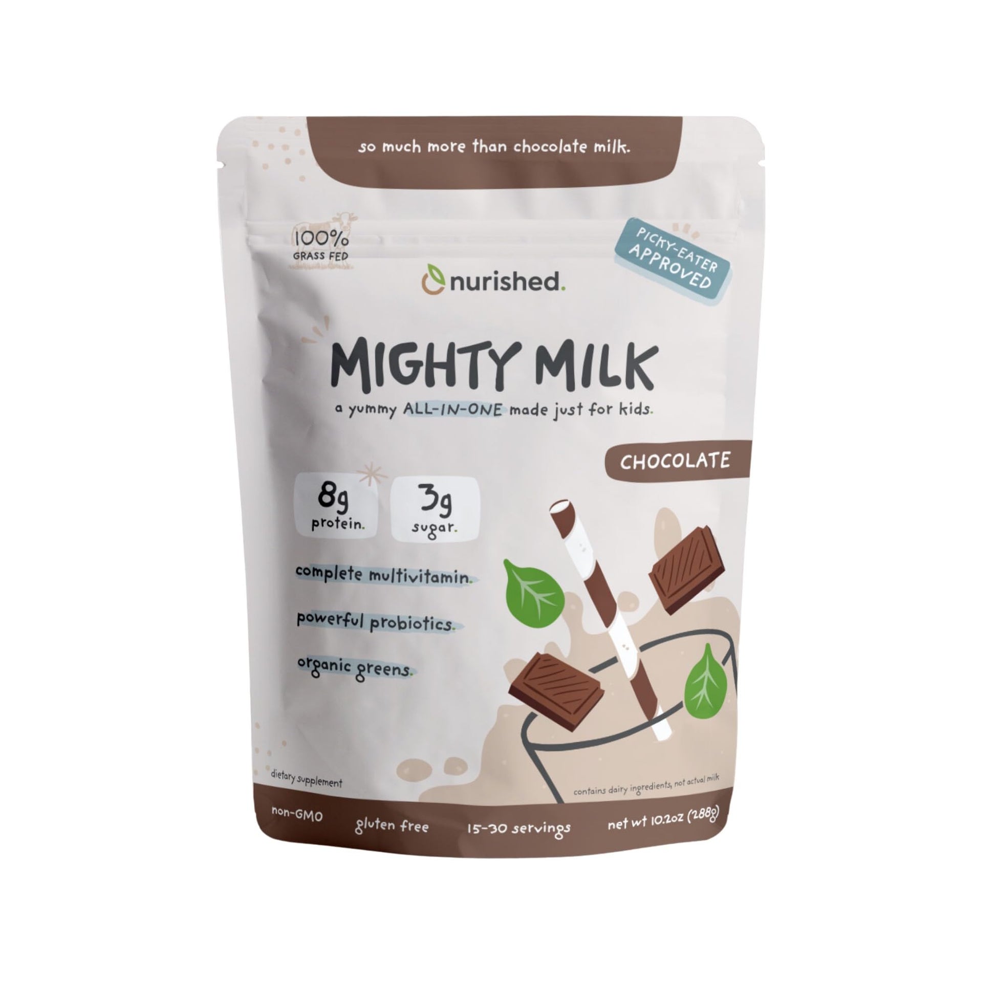 Nurished Mighty Chocolate Milk - Kids Daily Protein Powder Boosted with 2 Billion Probiotics and Organic Spinach Leaves - Natura