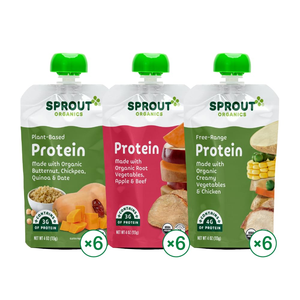 Sprout Organics Baby Food, Root Veg & Beef, Creamy Veg & Chicken, Plant-Based Chickpea Protein Pack, 8+ Months, 4 Oz Purees (Pac