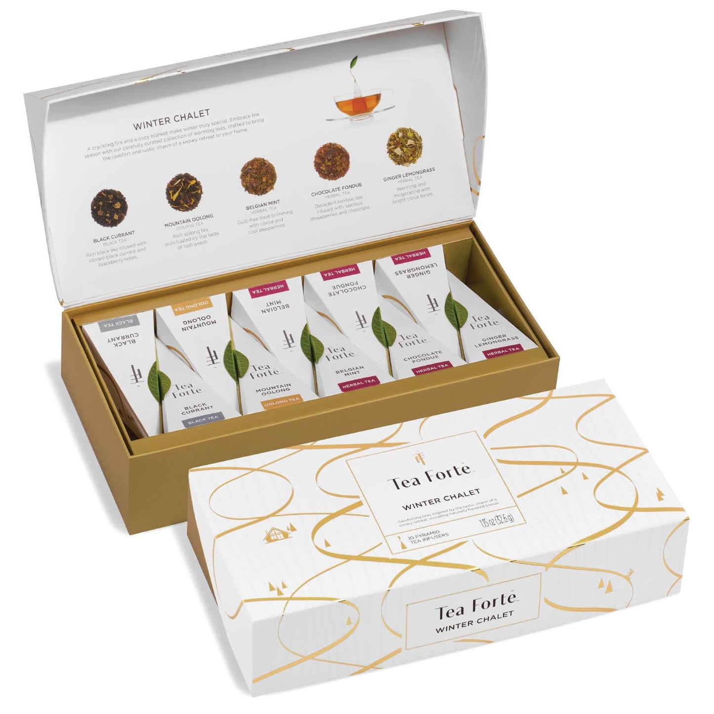 Tea Forte Winter Chalet enhanced Petite Presentation Box Gift Set Sampler  10 Count  2 of Each Blend Individually Wrapped Handcrafted Pyramid Infuser Bags
