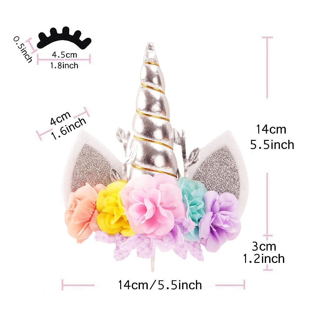 Nishine Rose Floral Unicorn Cake Topper Birthday Party Cake Decoration (Silver&Pink)