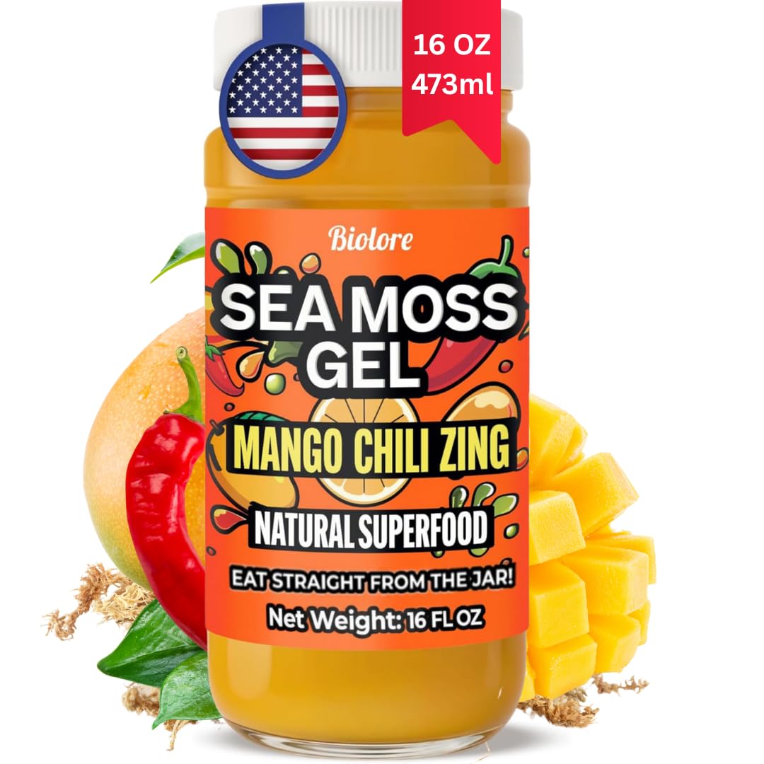 Biolore Mango Chili Zing Sea Moss Gel 16 Oz - No Added Sugar, Vegan, Made In Usa - Wildcrafted Sea Moss Superfood With 92 Essential Vitamins - Ready To Use, No Prep Needed