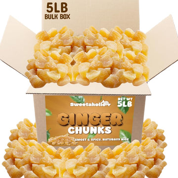 Sweetaholic Crystallized Ginger Chunks - 5 LB Bulk Bag - Non-GMO, Kosher, Sugar-Coated Dried Ginger - Spicy Sweet Snack for Dige