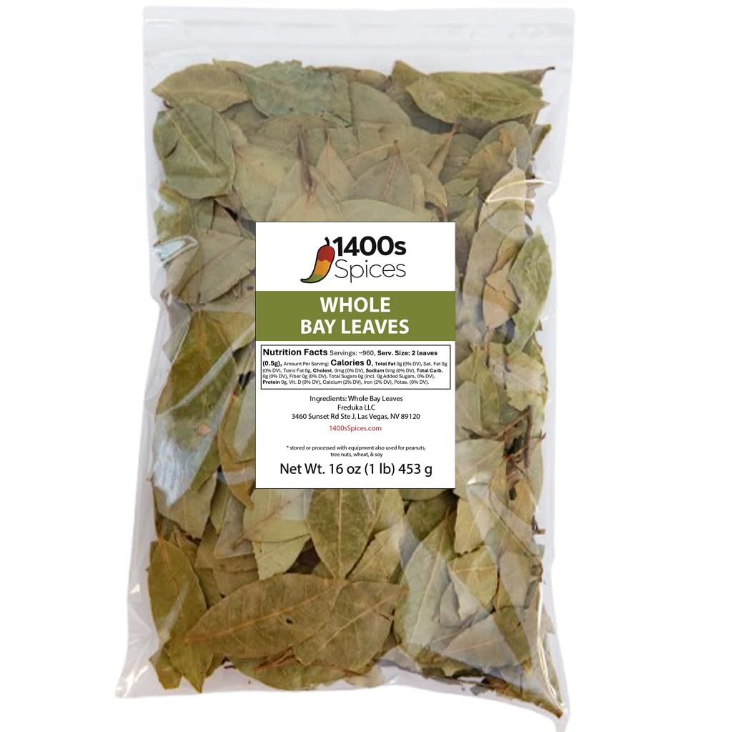 1lb Bay Leaves Semi Selected (whole and broken leaves), Hojas de Laurel, Bulk Dried Bay Leaf by 1400s Spices