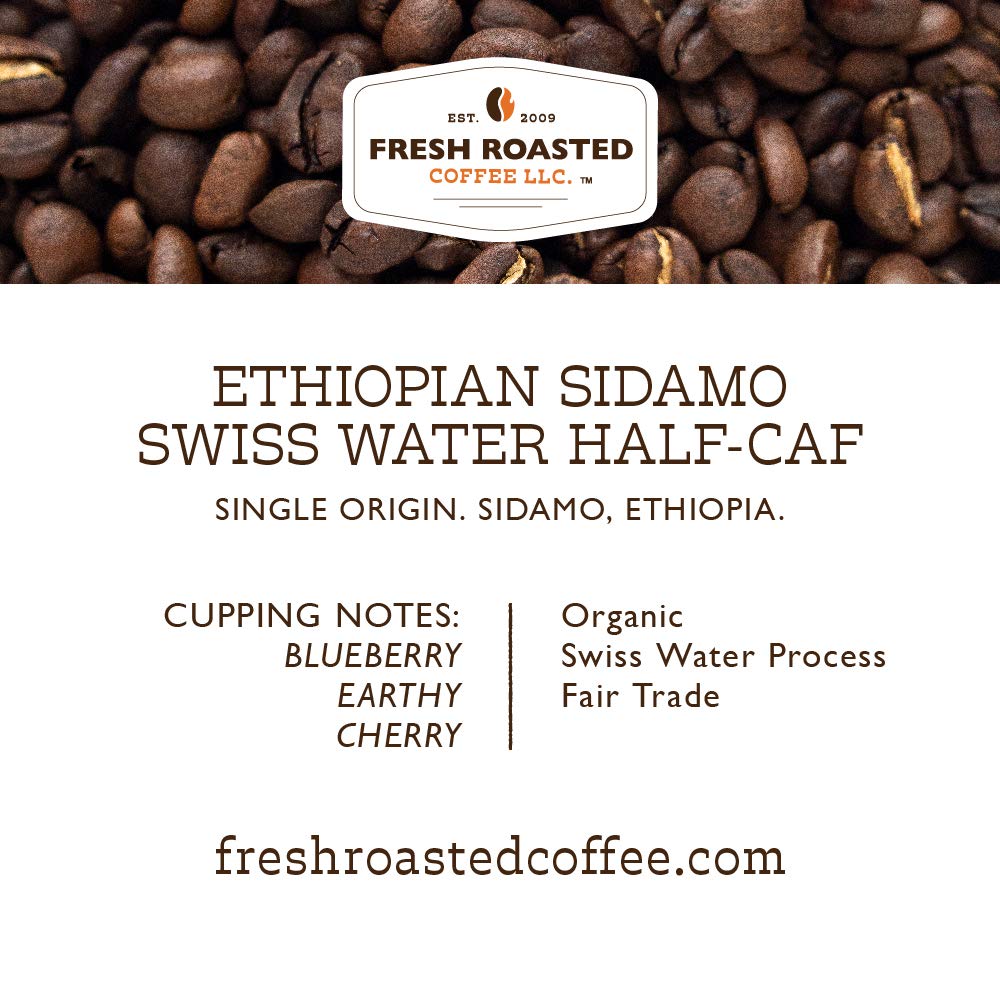 Fresh Roasted Coffee Organic Ethiopian Sidamo Half-Caf, Medium Roast, 12 oz Whole Bean, USDA Organic, Kosher