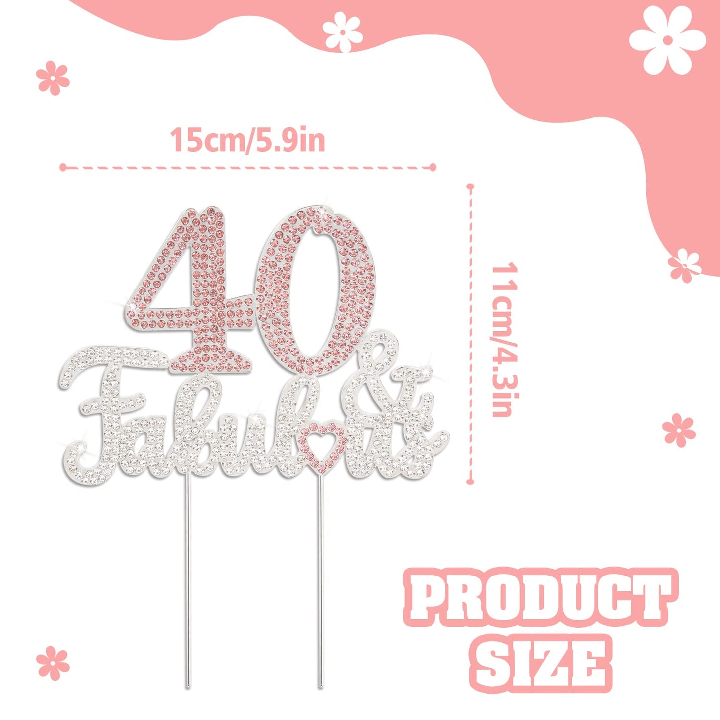 Laskyer 40 & Fabulous Silver Pink Rhinestone Cake Topper - Happy 40Th Birthday Cheers To Forty Years Old Bday Party Metal Sparkl