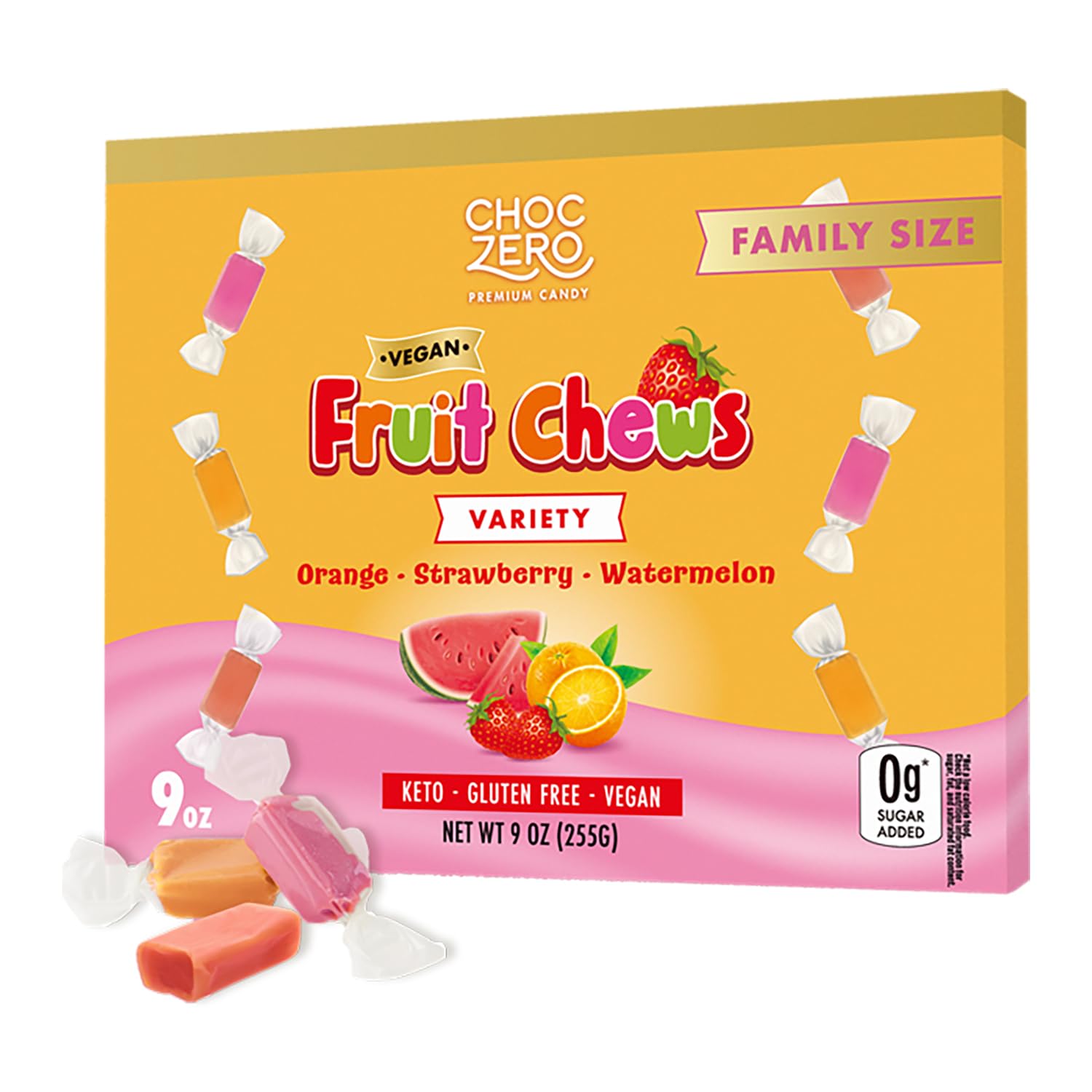 ChocZero Fruit Chew Candy Variety Pack, Sugar Free, Vegan, Keto, All Natural, Orange Strawberry and Watermelon Fruit Chews, 9 Ou