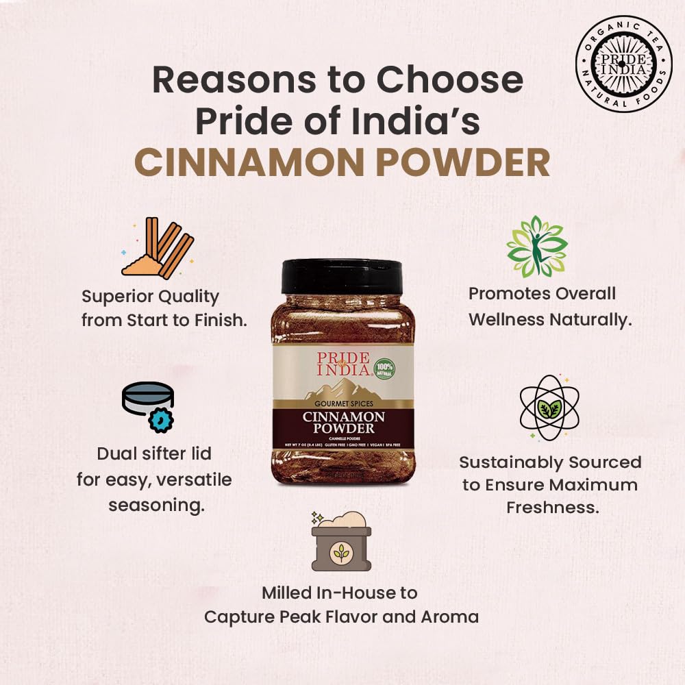 Pride Of India Natural Cinnamon Ground Gourmet Spice - 7 oz Dual Sifter Bottle - Organic Spice for Sweet & Savory Dishes
