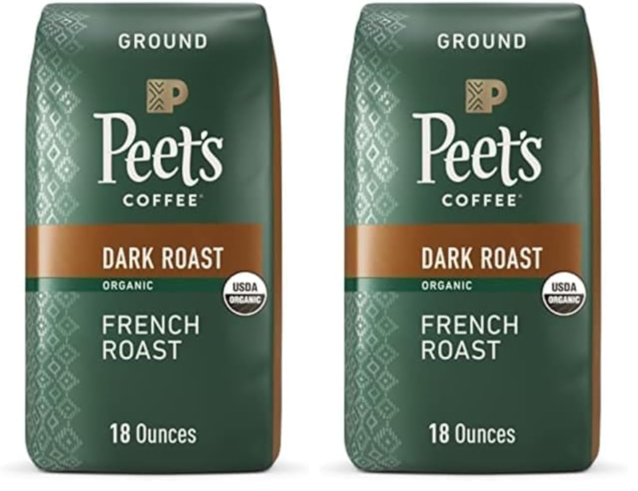 Peets Coffee Dark Roast Ground Coffee | USDA Organic | French Roast | 36 Ounces | 2 Bags