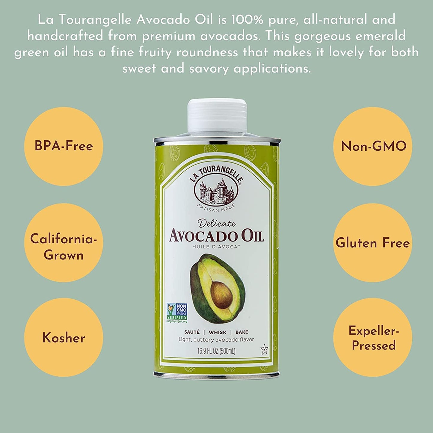 La Tourangelle, Avocado Oil, Handcrafted From Premium Avocados, Great For Cooking, As Butter Substitute, And For Skin And Hair, 16.9 Fl Oz