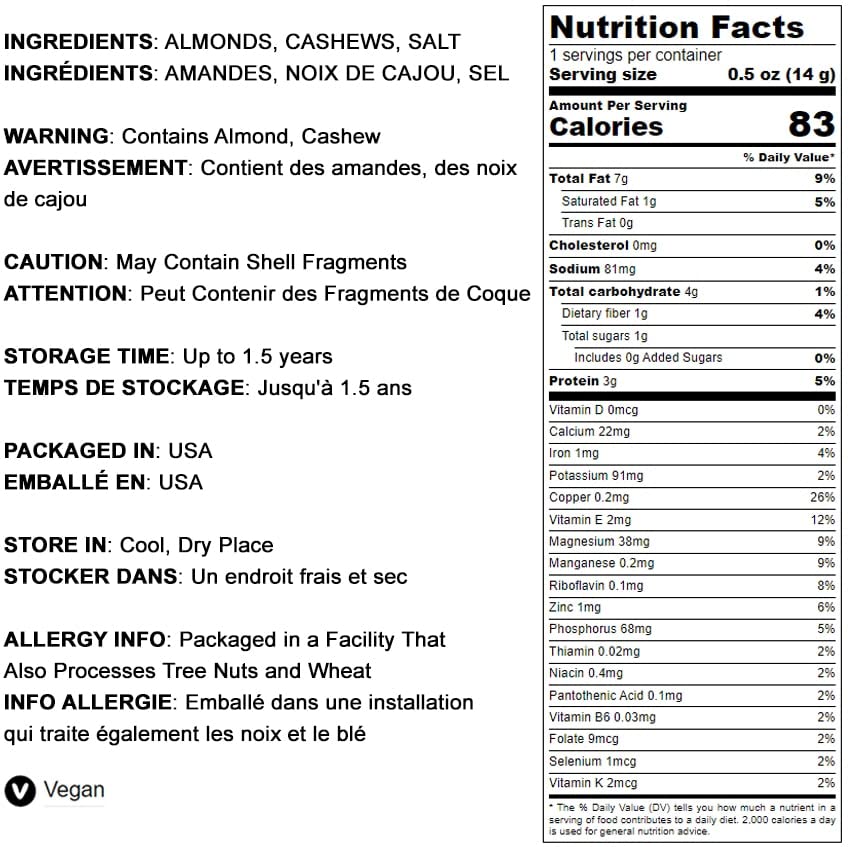 Food to Live Almonds and Cashews Mix - Dry Roasted Nuts with Himalayan Salt, 8 Ounces, Healthy Vegan Snack, No Oils or Preservatives
