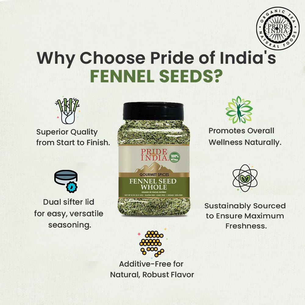 Pride Of India - Fennel Seed Whole - Gourmet Spice - Fresh & Aromatic - Mouth Freshener - Gmogluten Free - Flavoring For Bakes,