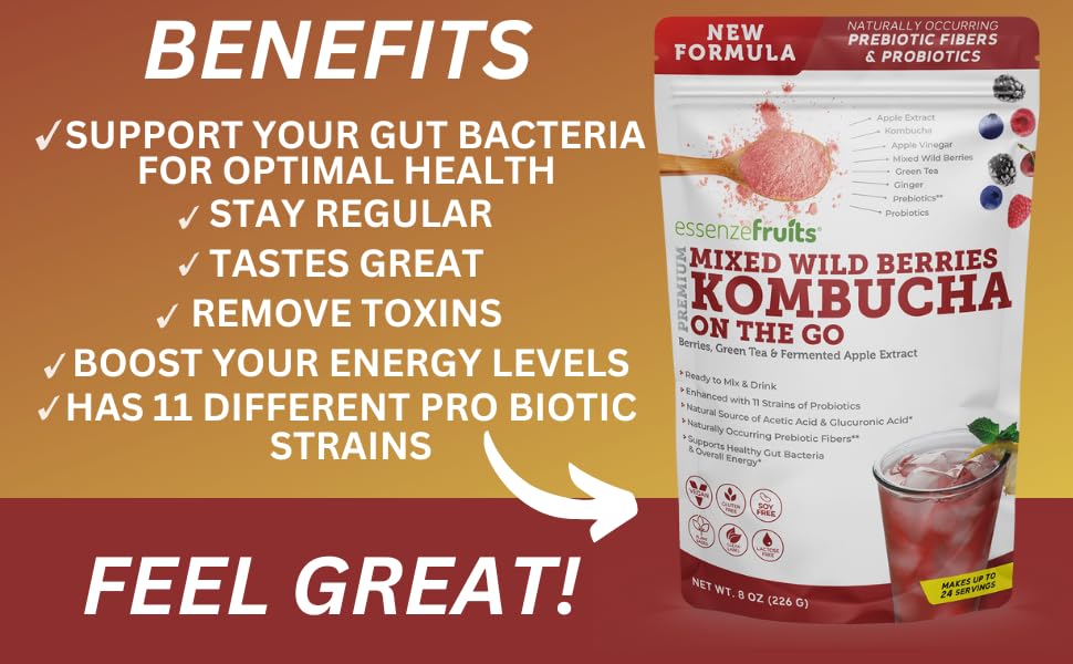 Essenzefruits Red Berries Kombucha Tea Powder Mix Beverage - Sugar Free, Fermented & Dried - Just Add Water! Live Probiotics & P