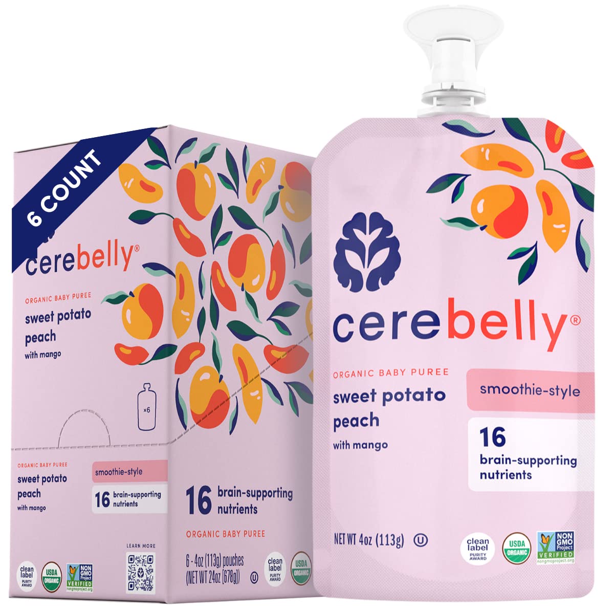 Cerebelly Sweet Potato Peach Smoothie (Pack Of 6) - Healthy Kids Snacks - Baby Food Pouch With 16 Vital Nutrients And Brain Supp
