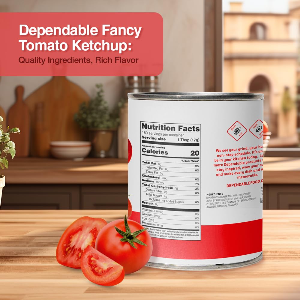 Dependable Foods Tomato Ketchup - 7.188 Lbs., 115Oz.- Fancy Tomato Ketchup In Bulk Can - Gluten-Free, Vegan, Kosher