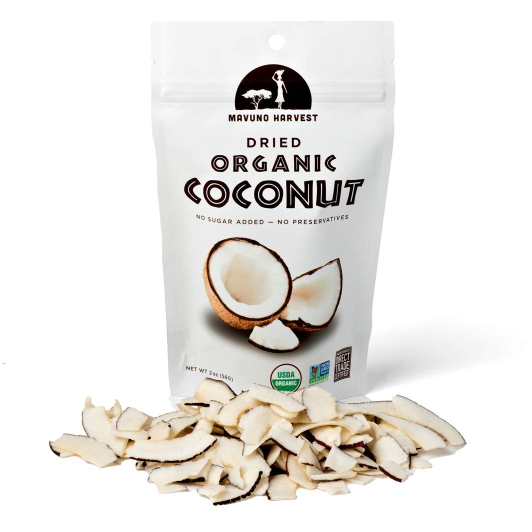 Mavuno Harvest Coconut Chips Dried Fruit Snack | Unsweetened Organic Dried Coconut Strips | Gluten Free Snack | Healthy Snacks For Kids And Mature-Themeds | Vegan, Non Gmo, Direct Trade | 2 Ounce, Pack Of 6