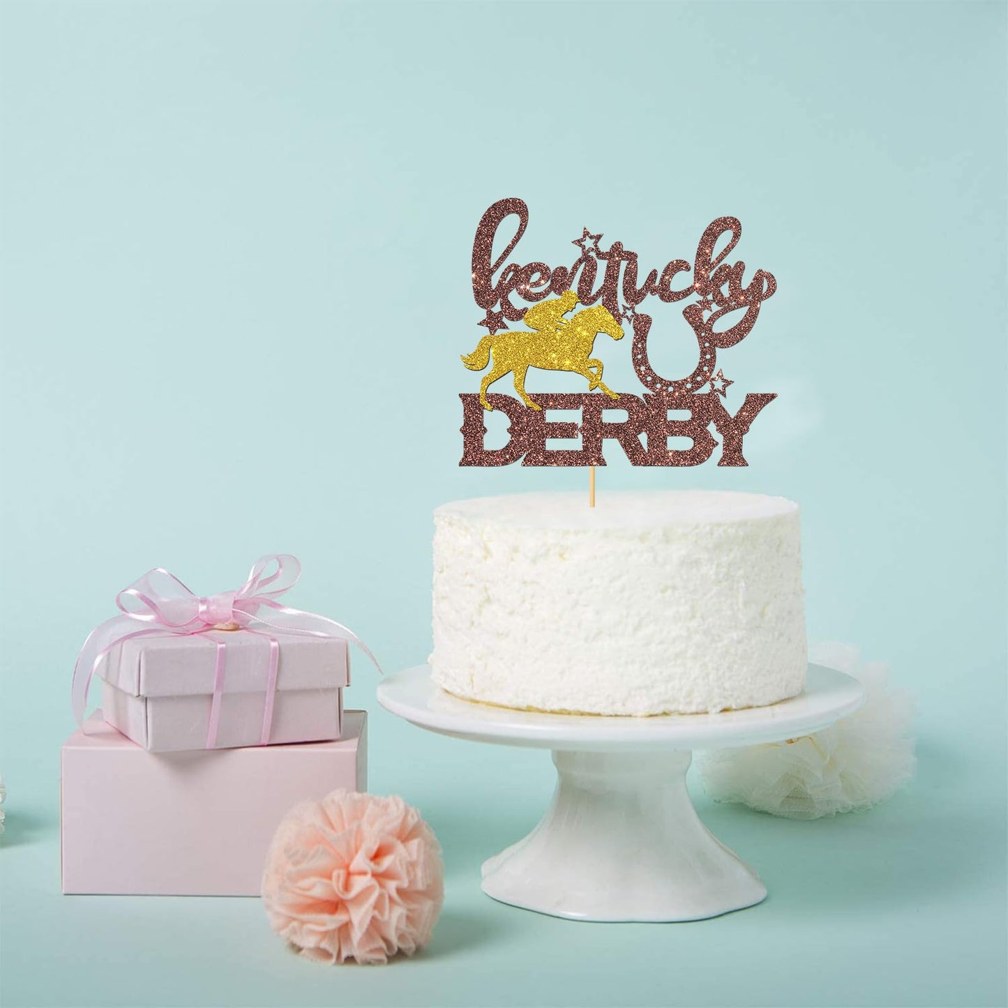 Maicaiffe Derby Cake Topper, Racing Horse Theme Decorations, Brown Glitter, Paper, Ideal for Birthday Party Supplies
