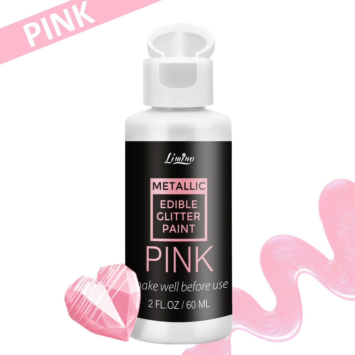 Limino Edible Glitter Paint - Food Grade Metallic Liquid for Cake Decorating, 2 fl.oz, Pink