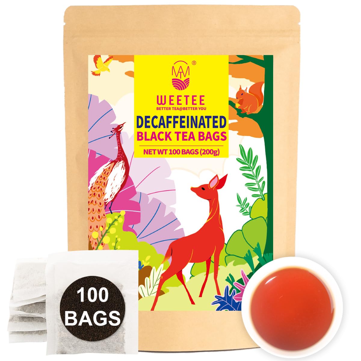 WT WEETEE Decaf Black Tea Bags, 100 Count CO2-Decaffeinated Black Tea, Smooth & Mild Taste | Drink All Day | Resealable Kraft Ba