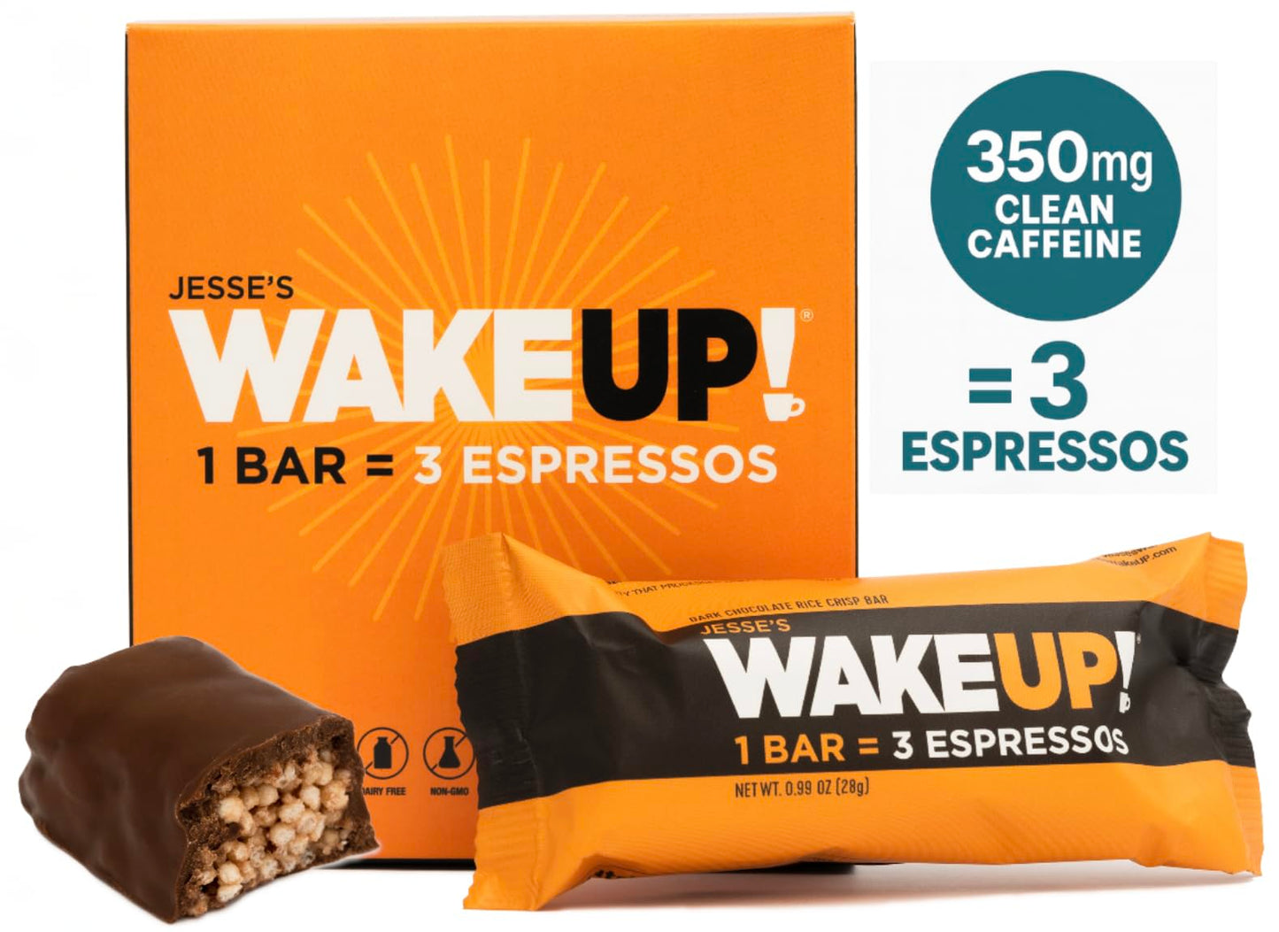Wake Up!™ Chocolate Caffeinated Protein Bars – 350 Mg Clean Caffeine (1 Bar = 3 Espressos) • Vegan, Gluten-Free, Kosher • Plant-Based Energy + Protein • On-The-Go Focus & Endurance