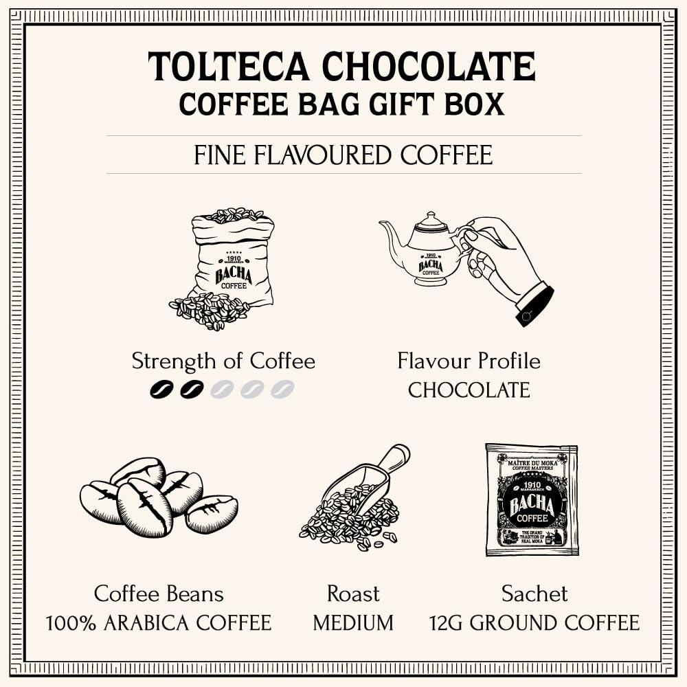 Bacha Coffee | Tolteca Chocolate Fine Flavoured, Medium Roast, 12 * 12G Individually Wrapped 100% Arabica Single Serve Filter Ba