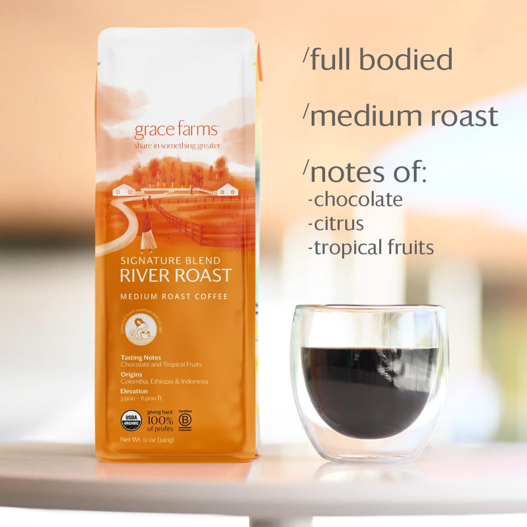 Grace Farms, Organic Whole Bean Coffee, River Roast Blend (Colombia, Ethiopia, Indonesia) Medium Roast, 12Oz Bag, 1 Count | Note
