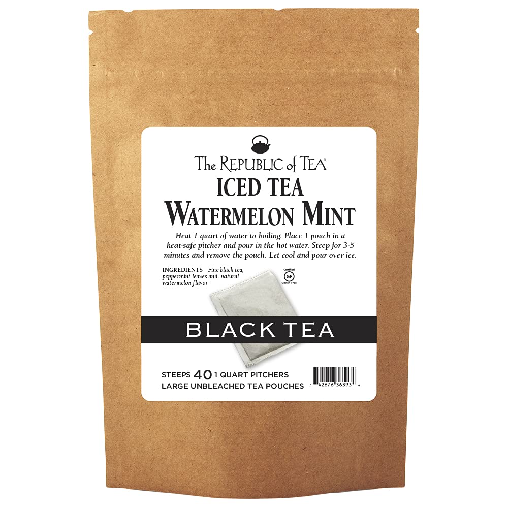 The Republic Of Tea Watermelon Mint Black Iced Tea, 40 Large Pouches / 40 Quarts, Premium Fine Black Tea