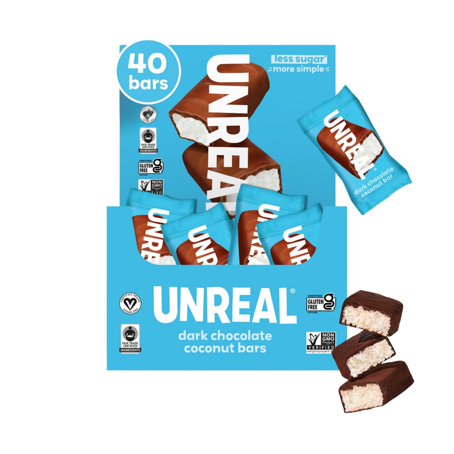 Unreal Dark Chocolate Coconut Bars (40 Mini Bars) | Vegan, 3G Sugar, & 3 Simple Ingredients | Non-Gmo, Gluten Free, & Fair Trade