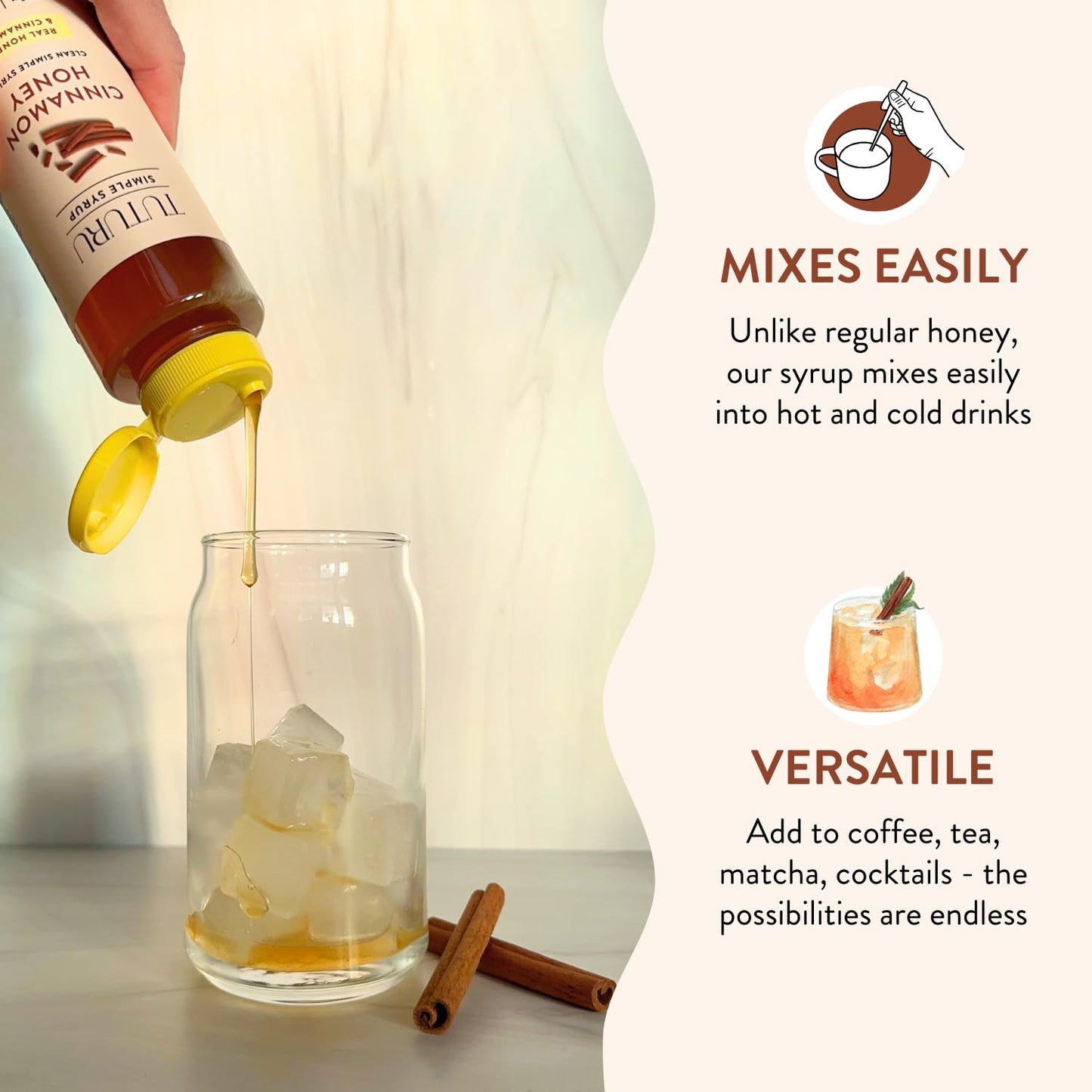 TUTURU Botanical Coffee Cinnamon Honey Simple Syrup - 13.5 Fl Oz, Ideal for Coffee, Cocktails, Tea, and Matcha