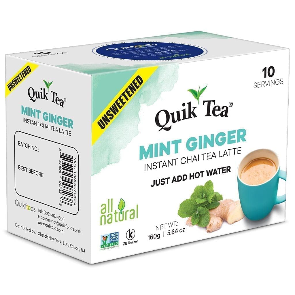 QuikTea Mint (Pudina) Ginger Chai Tea Latte - 10 Count Single Box - All Natural & Preservative Free Authentic Instant Chai Tea -
