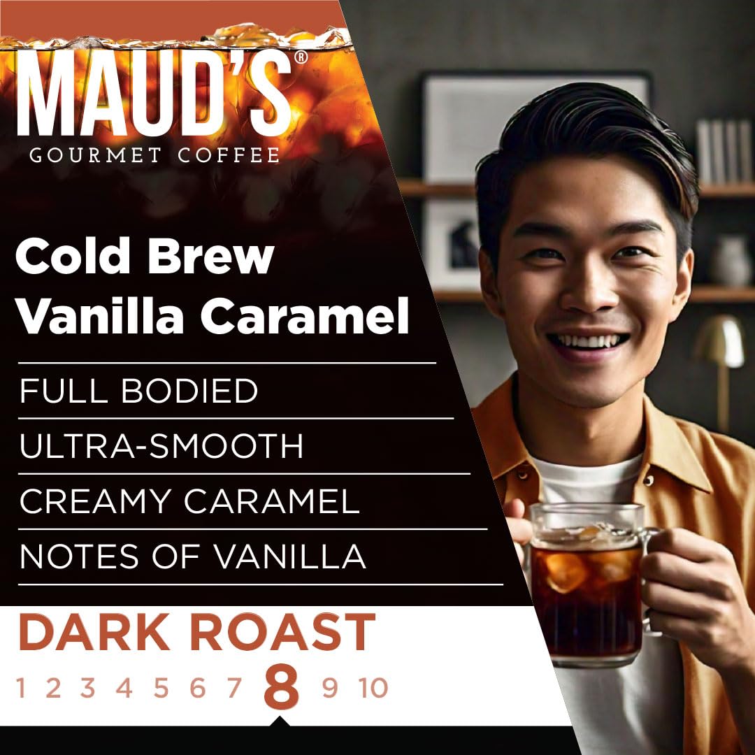 Maud'S Vanilla Caramel Cold Brew Coffee Pods, 18 Ct | Cold Bew Vanilla Caramel Flavor | 100% Arabica Dark Roast Coffee | Solar E