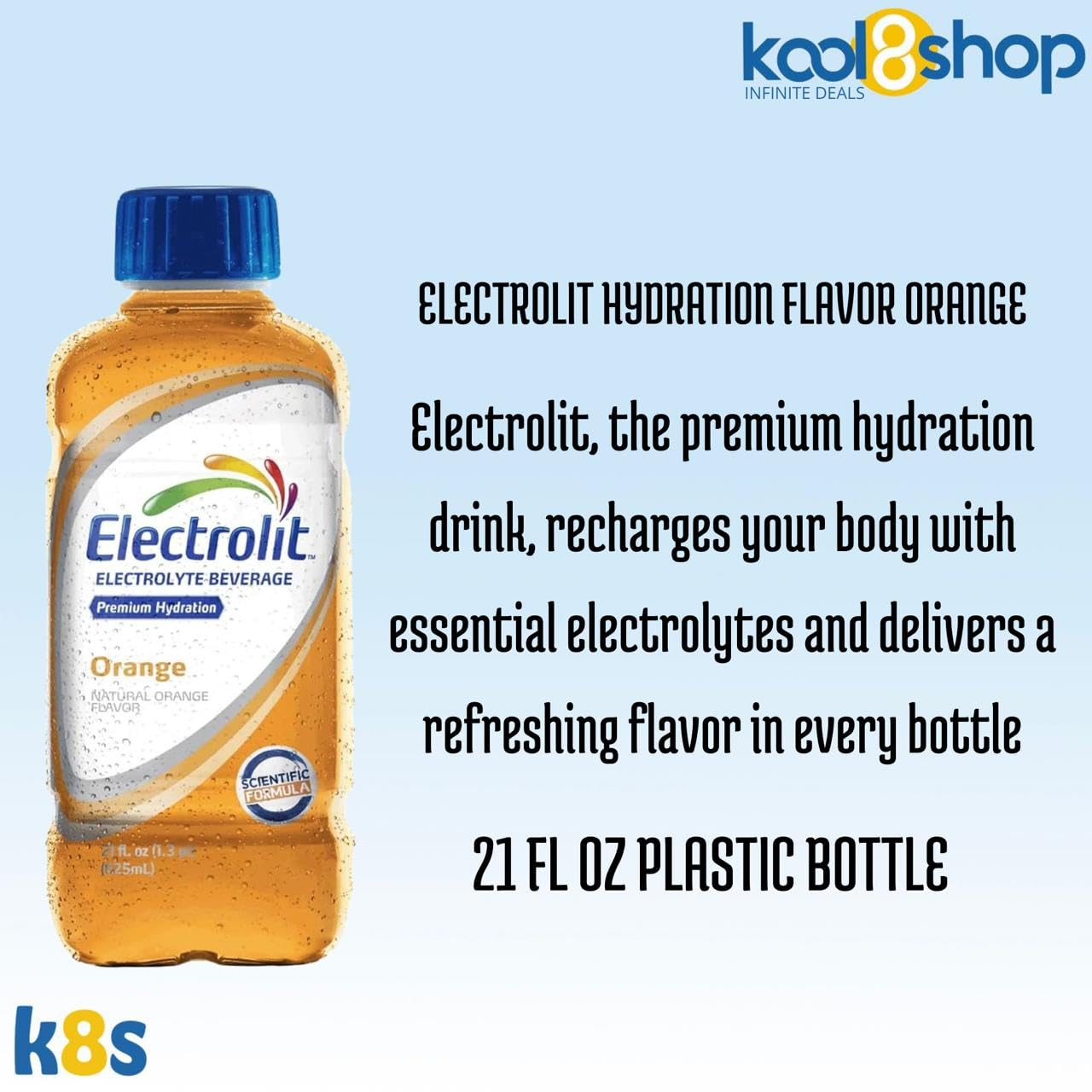 Electrolit Orange Hydration Drink With Electrolytes 21 Fl Oz Plastic Bottles 9 Pack + 1 Microfiber Cooling Towel By Kool8Shop In