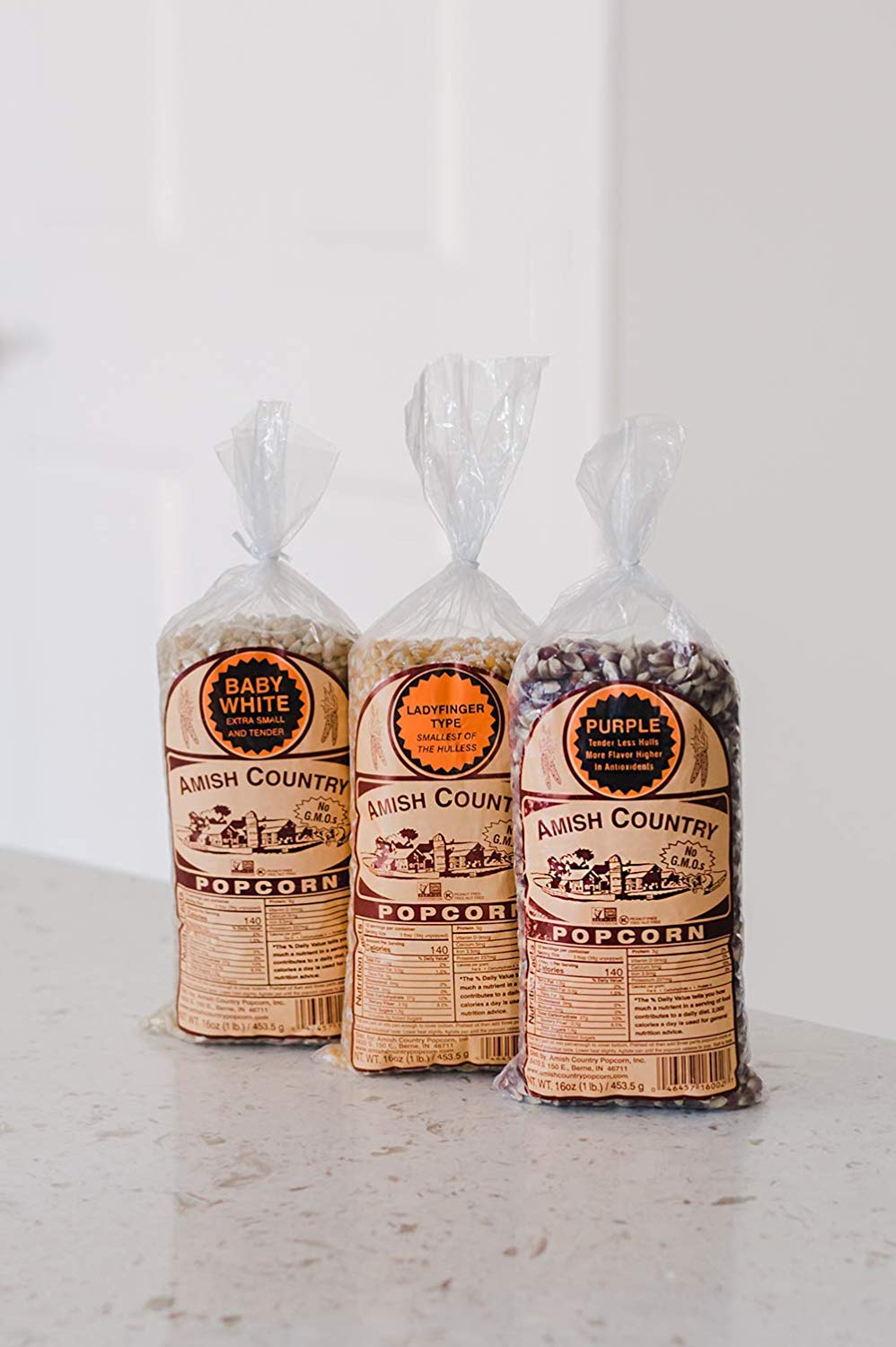 Amish Country Popcorn | 3-1 lb Bags | 1 lb Baby White, 1 lb Ladyfinger, and 1 lb Purple Popcorn Kernels Variety Pack | Old Fashi