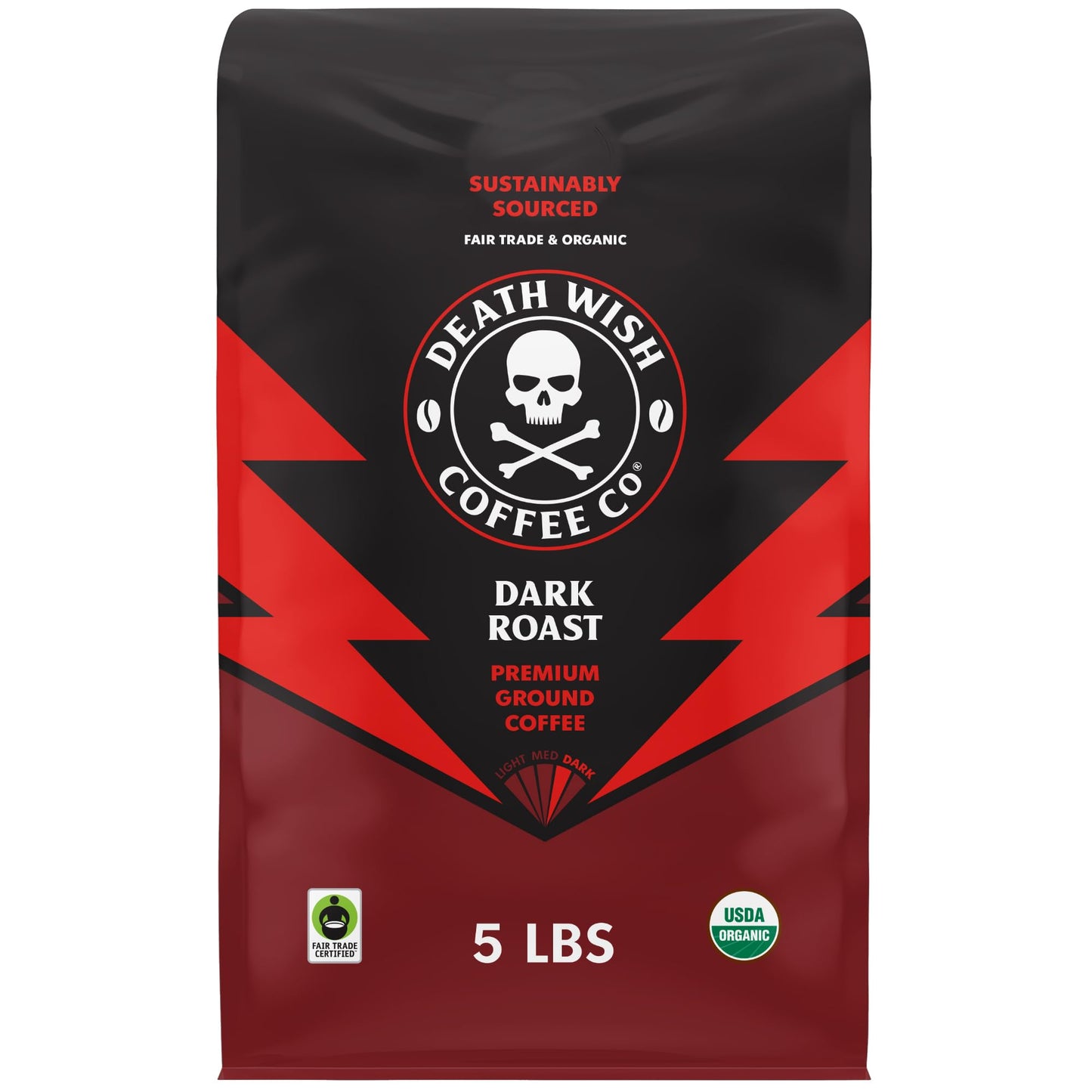 Death Wish Coffee Dark Roast Grounds - USDA Organic, Bold Blend of Arabica & Robusta Beans, 5 Lbs.