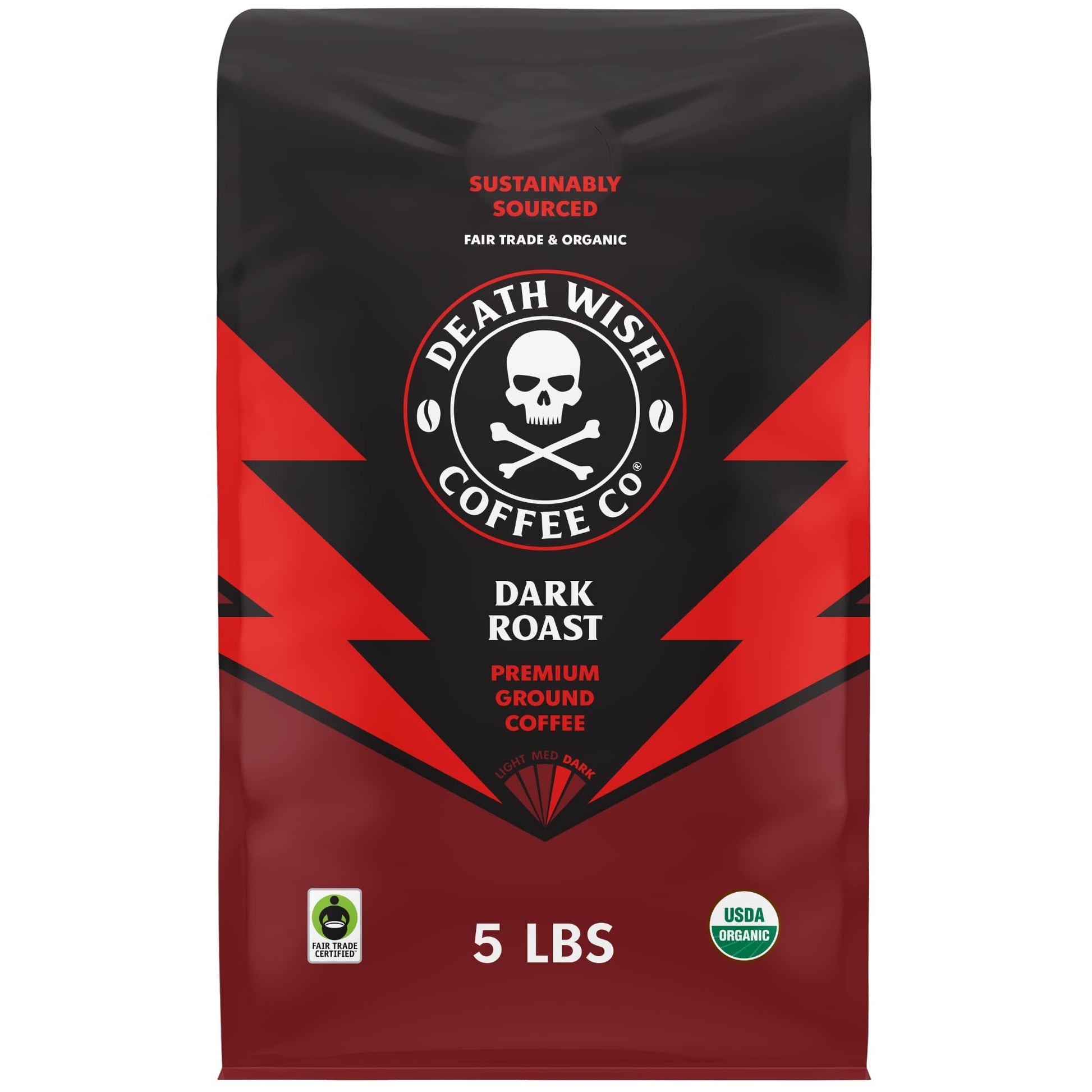 Death Wish Coffee Dark Roast Grounds - USDA Organic, Bold Blend of Arabica & Robusta Beans, 5 Lbs.