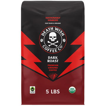 Death Wish Coffee Dark Roast Grounds - USDA Organic, Bold Blend of Arabica & Robusta Beans, 5 Lbs.