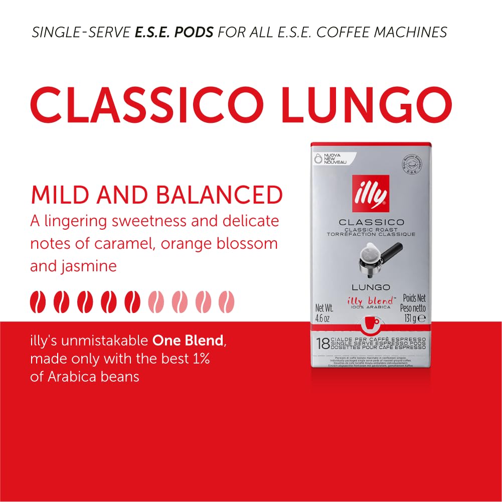Illy E.S.E. Coffee compact pieces - Classico Lungo Roast, 18 Count (Pack of 12) - Notes of Caramel, Orange Blossom & Jasmine
