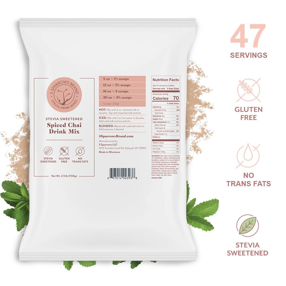 5 SPARROWS Sugar-Free Spiced Chai Latte Drink Mix, Stevia, Keto Friendly, 2.5 lb