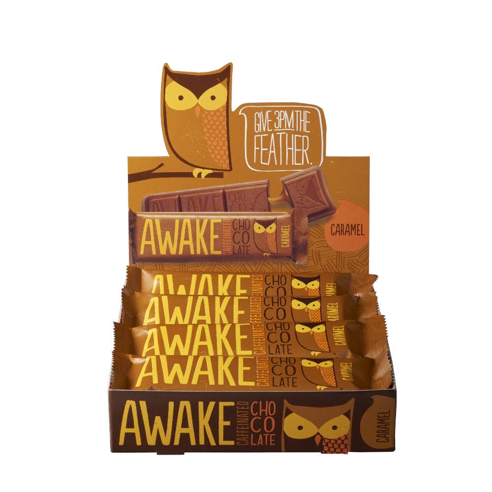 AWAKE Caffeinated Chocolate Bars - Caramel Milk Chocolate, 12 Count, Gold, 100mg Caffeine, Fairtrade, Gluten Free, Non-GMO