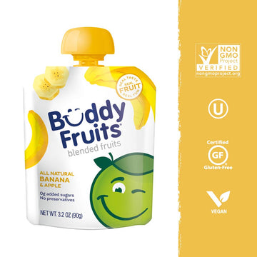 Buddy Fruits Snacks To Go Banana Unsweetened Applesauce 3.2Oz Pouch (18Pk) Gluten-Nut-Dairy-Preservatives-Bpa Free, Non Gmo, Kos