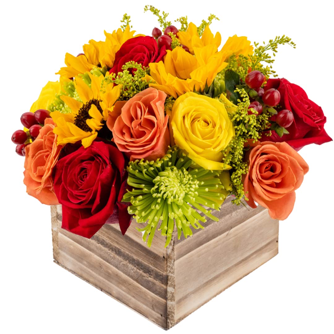 Warm Glow in Wooden Vase | Yellow  Orange and Red Fresh Flower Foam Arrangement | Arabella Bouquets | Flowers for Delivery  THanksgiving  Birthday  Congratulations