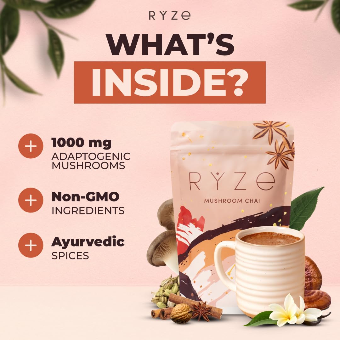 Ryze Mushroom Chai With 6 Organic Adaptogenic Mushrooms For Better Energy, Focus, Digestion, Immunity With Usa Grown Turkey Tail
